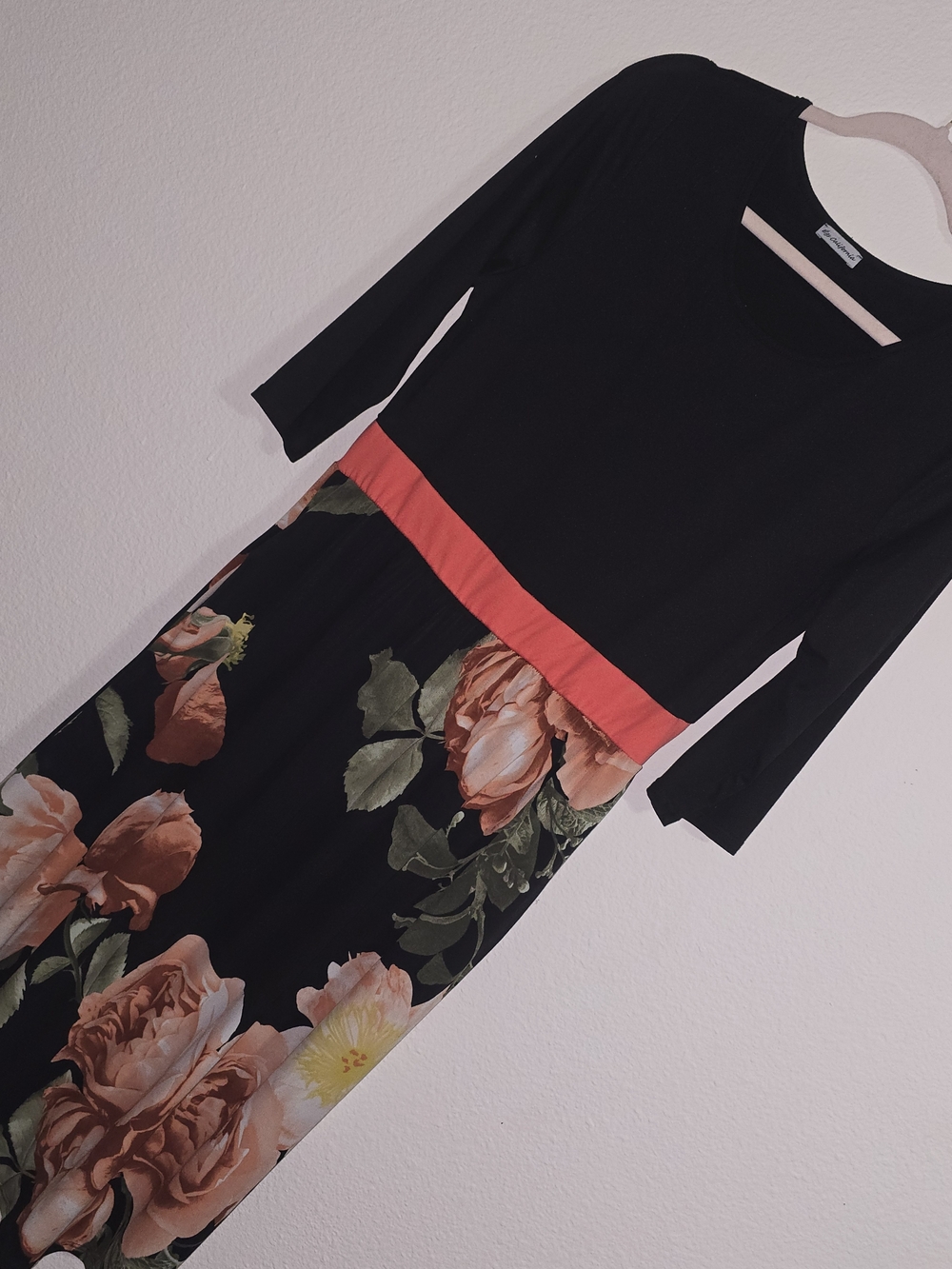 Black Long-Sleeve Floral Maxi Dress with Coral Waistband